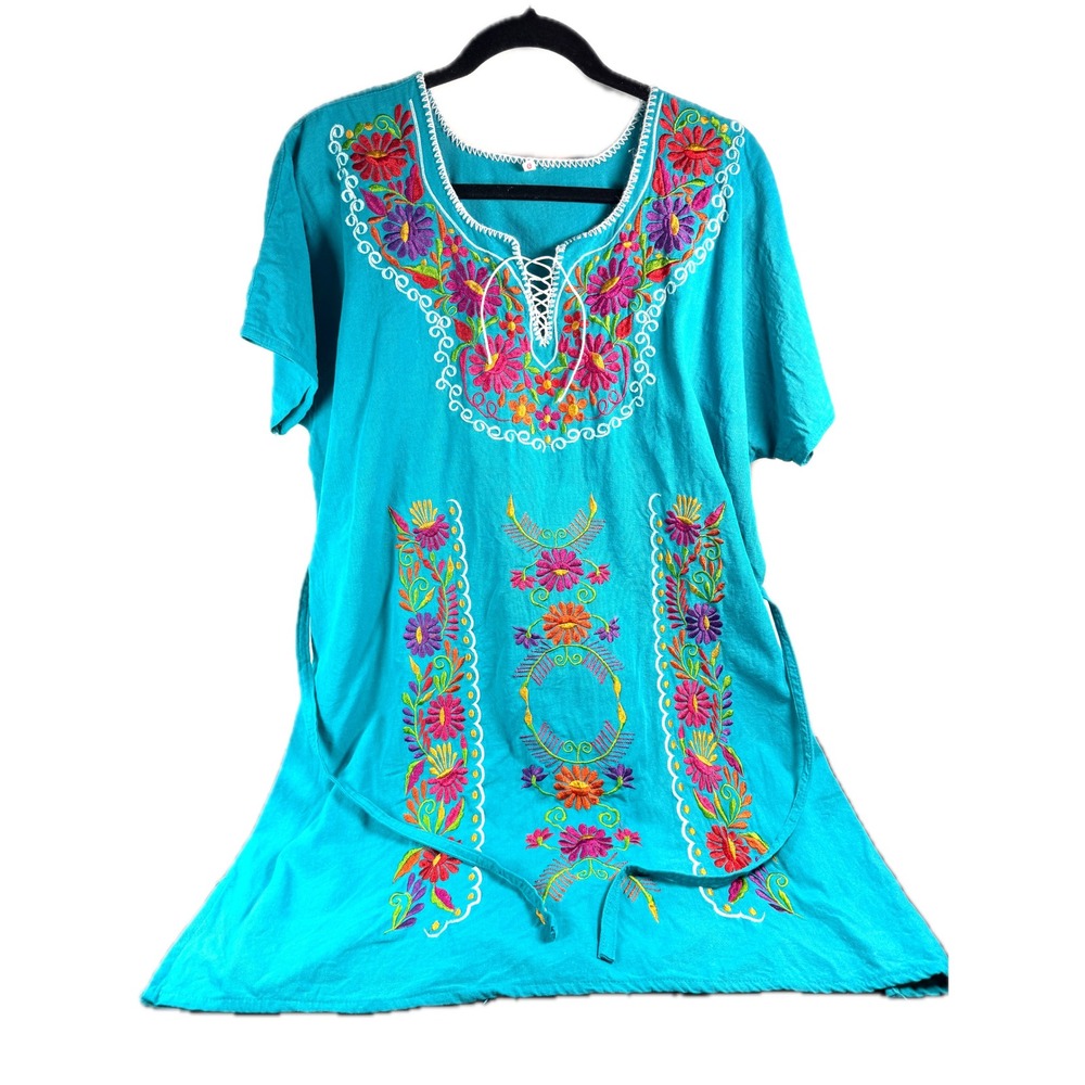 Mexican Peasant Dress Turquoise Floral Embroidered Boho Shift 25in PTP